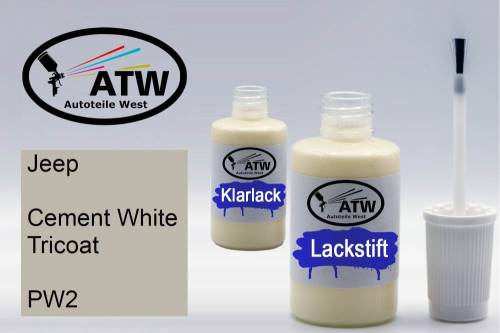 Jeep, Cement White Tricoat, PW2: 20ml Lackstift + 20ml Klarlack - Set, von ATW Autoteile West.